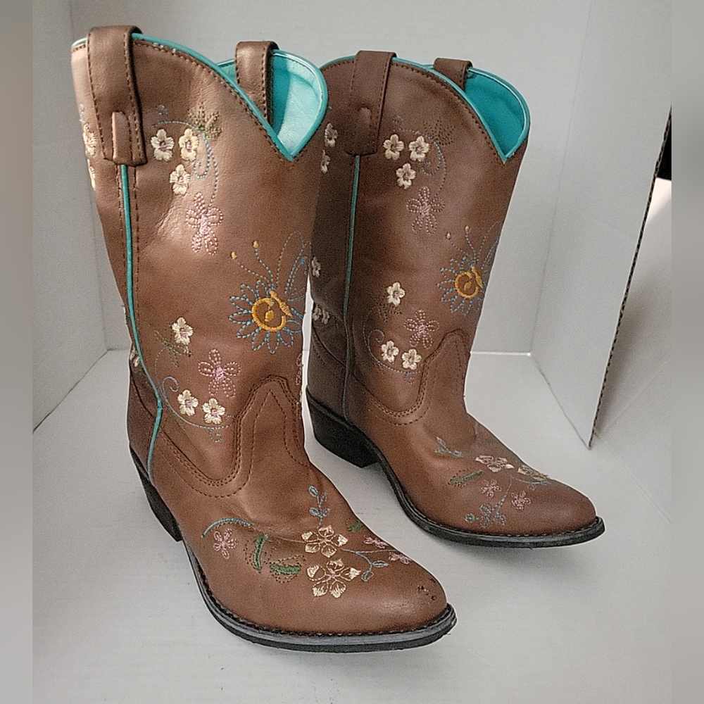 Shyanne Girls Brown Floral Cowgirl Western Boots Kids Size 5 Embroidered Flowers